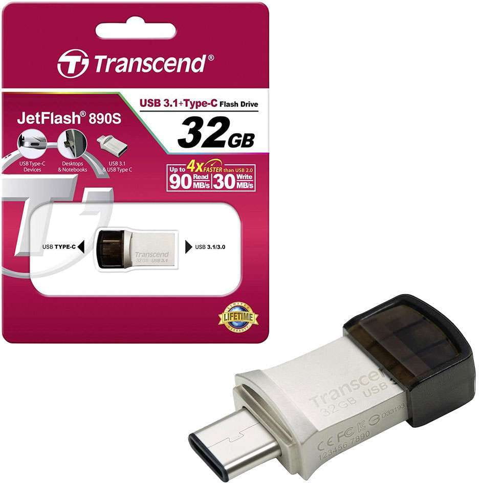USB Transcend JetFlash 890 32GB / OTG / USB3.1 + Type-C / Silver