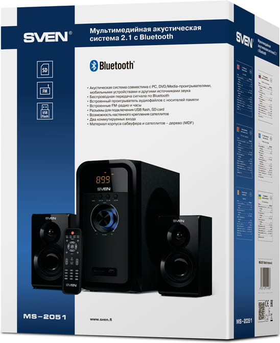 Speakers Sven MS-2051 / 2.1 / RMS 55W / Bluetooth / FM-tuner / USB & SD card / Black