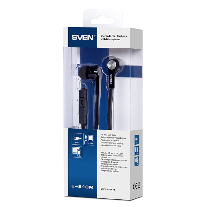 Earphones Sven E 210M / Mic / 20-20000 Hz / 16ohm / 96dB / 1.2m / Black