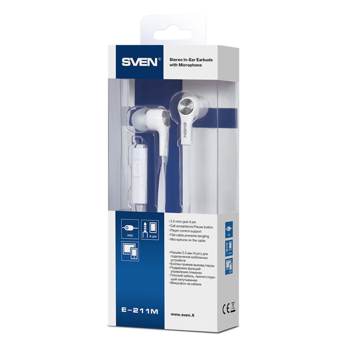 Earphones Sven E 211M / Mic / 20-20000 Hz / 16ohm / 96dB / 1.2m / White