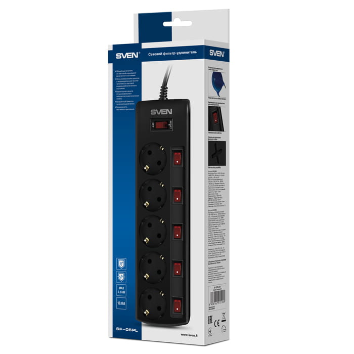 Surge Protector Sven SF-05PL / 5 Sockets / 1.8m / Black
