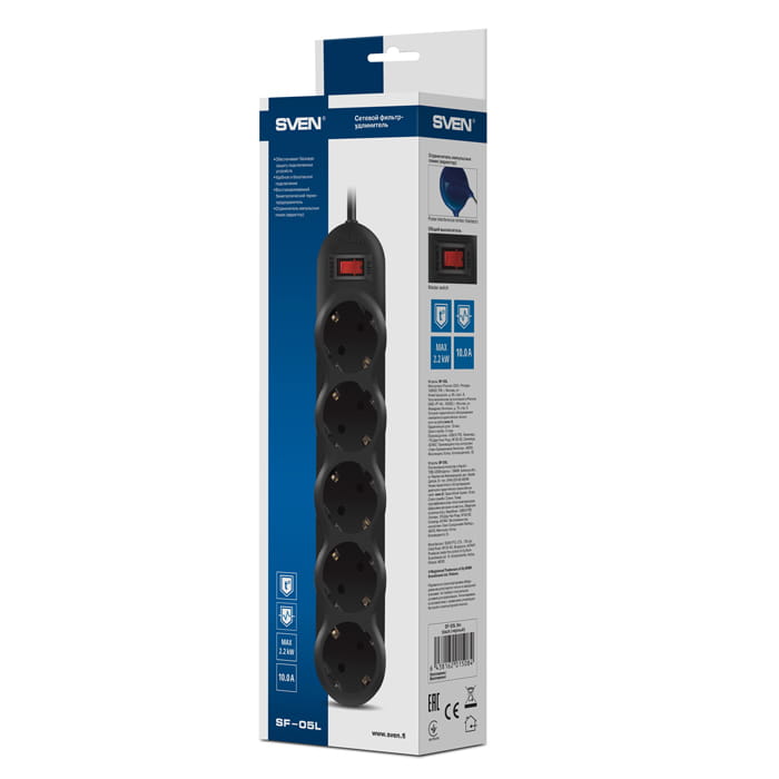 Surge Protector Sven SF-05L / 5 Sockets / 3.0m / Black