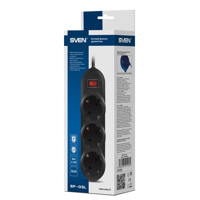 Surge Protector Sven SF-03L / 3 Sockets / 3.0m / Black