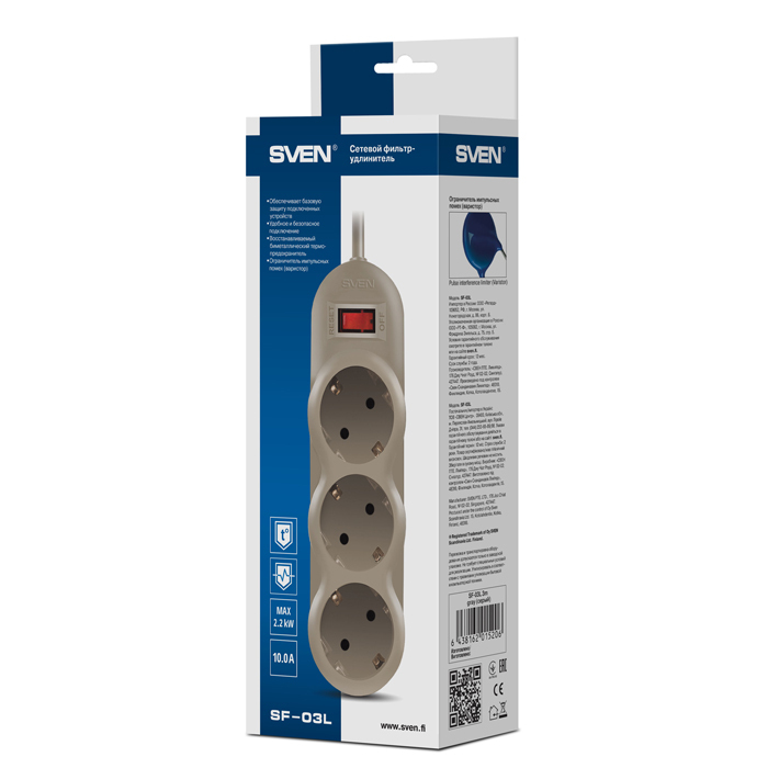 Surge Protector Sven SF-03L / 3 Sockets / 3.0m /