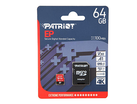 Patriot EP Series V30 A1 U3 Extreme Performance PEF64GEP31MCX 64GB MicroSDXC Class 10 + Adapter MicroSD