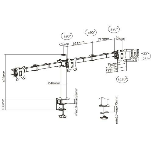 Brateck LDT33-C036 Triple Monitors Steel Articulating Monitor Arm / Black