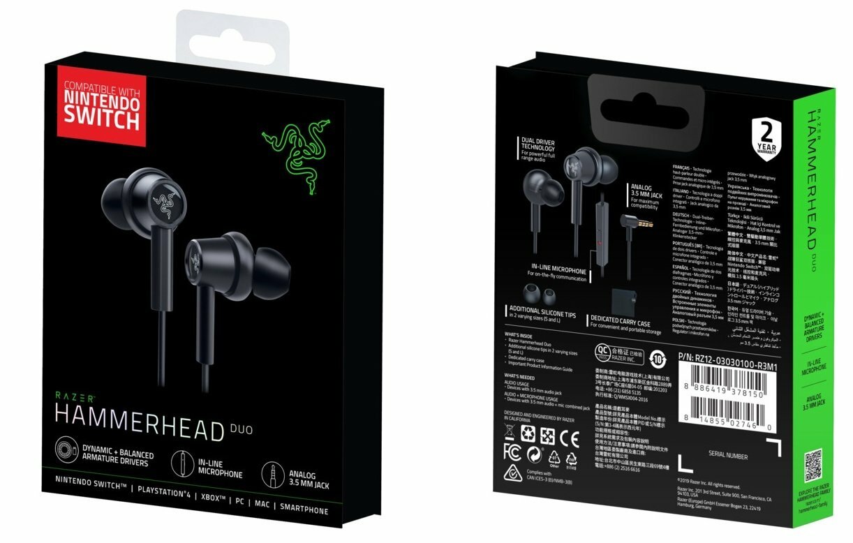 Razer Earphones Hammerhead Duo For Nintendo Switch RZ12-03030100-R3M1 / Black