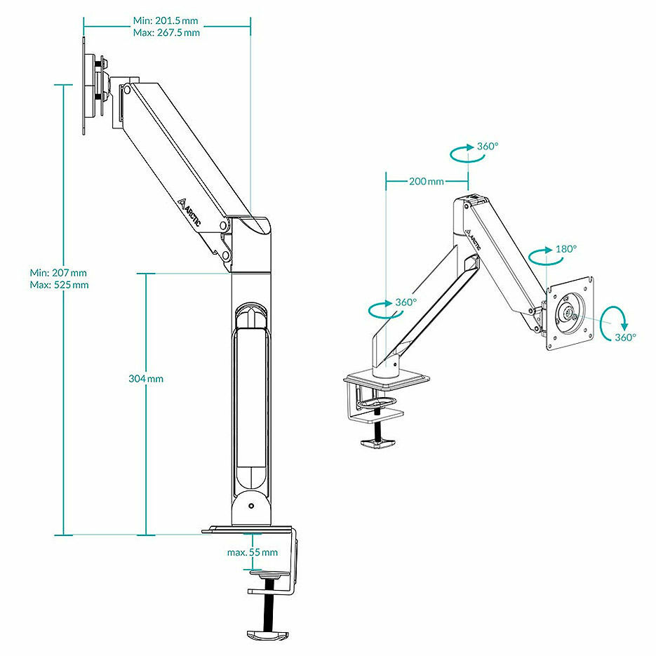 Arctic X1-3D Desk Mount Gas Spring Monitor Arm for 1 monitor