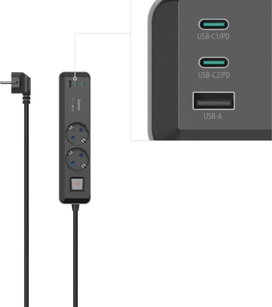 HAMA Power Strip 2-Way + USB 65W