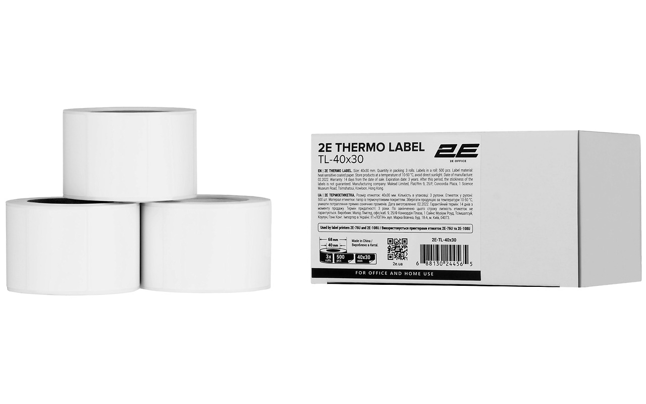 2E Thermal 40x30mm 500l 3 rolls /  2E-TL-40X30